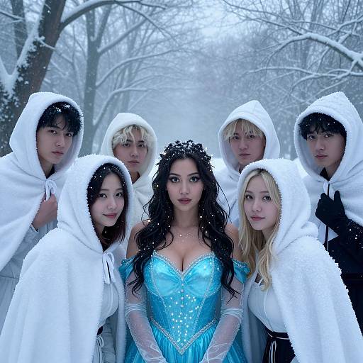 Photograph of seven people in winter forest, six in white hooded coats, central woman in blue sequined ice queen dress with black curly hair,
