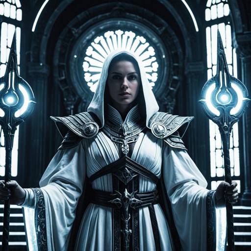 Female Aasimar Cleric with Glowing Staves in Celestial Temple
