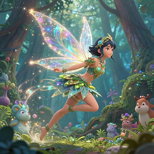 Digital illustration of a fairy with iridescent wings, green leafy outfit, and glowing accessories, leaping through a magical forest with colorful mushrooms and