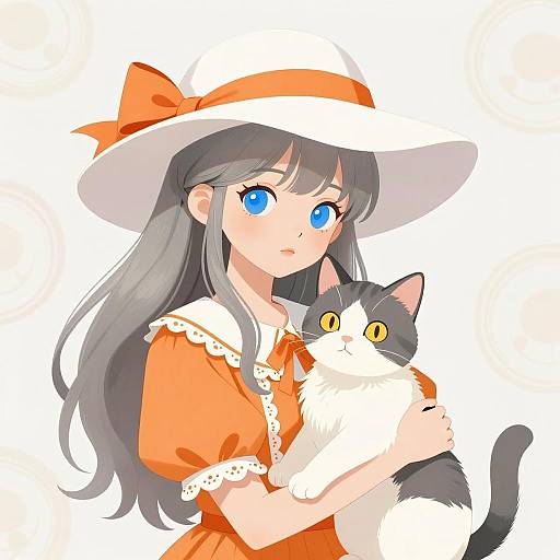 Anime Girl with Cat in Orange Dress