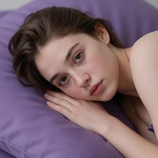 Young Woman Resting on Purple Pillow