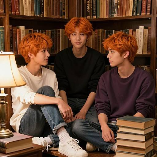 Photograph of three red-haired boys in a library, seated on the floor, wearing casual clothes, looking at each other, surrounded by books and a