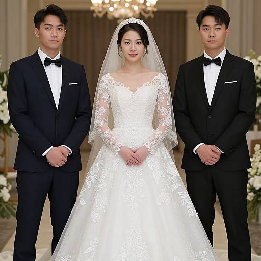 Photograph of an Asian bride in a white lace wedding dress, veil, and long sleeves, flanked by two Asian grooms in black tux