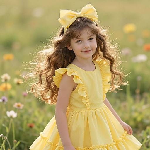 Girl in Yellow Dress in Sunny Meadow