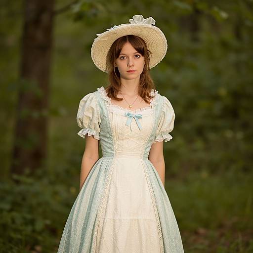 Photograph of a young woman with fair skin and brown hair, wearing a white, puffed-sleeve, Victorian-style dress and a wide-br