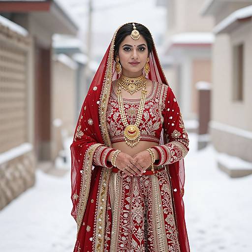 Photograph of an Indian bride in a red and gold embroidered lehenga, veil, jewelry, and intricate makeup, standing in a bright, narrow,