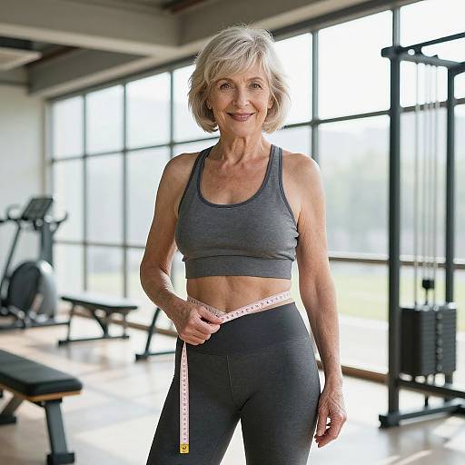 Photograph of an older woman with short gray hair, wearing a gray sports bra and black leggings, holding a measuring tape around her waist in a bright