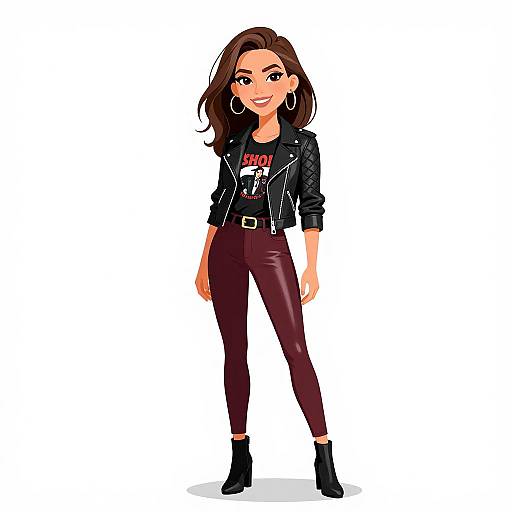 Digital illustration of a smiling woman with brown hair, wearing a black leather jacket, red shirt, dark maroon leather pants, and black ankle boots.