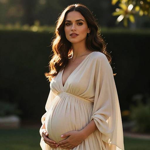 Pregnant Woman in Flowing Dress Outdoors