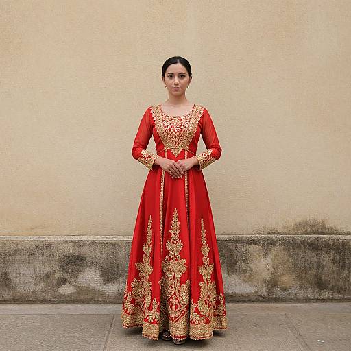 Photograph of a young woman with dark hair in an elegant red traditional Indian dress with gold embroidery, standing against a beige wall.