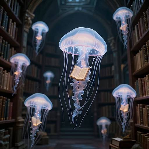 Photograph of glowing jellyfish with open books inside a dimly lit, arched library, surrounded by shelves of books.