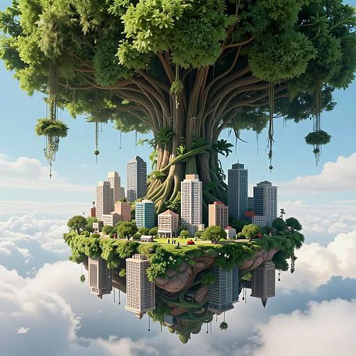 Fantasy CGI image of a floating city nestled in a massive, tree-like structure with hanging moss, skyscrapers, lush greenery, and a