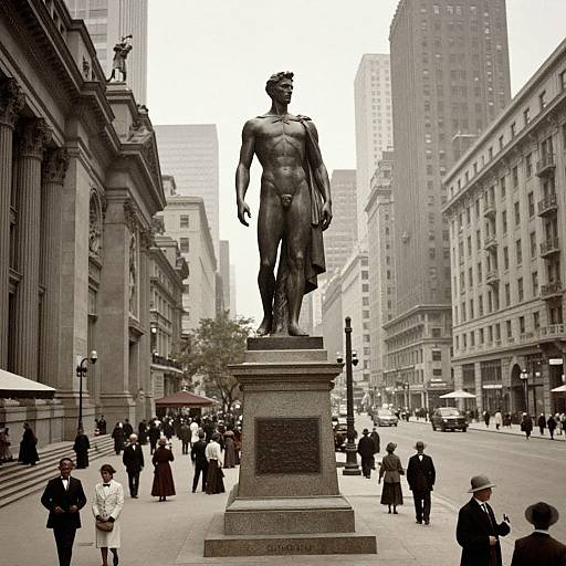 Photograph of a muscular, nude, bronze statue of a standing male figure in an urban street, surrounded by people in early 20th-century attire