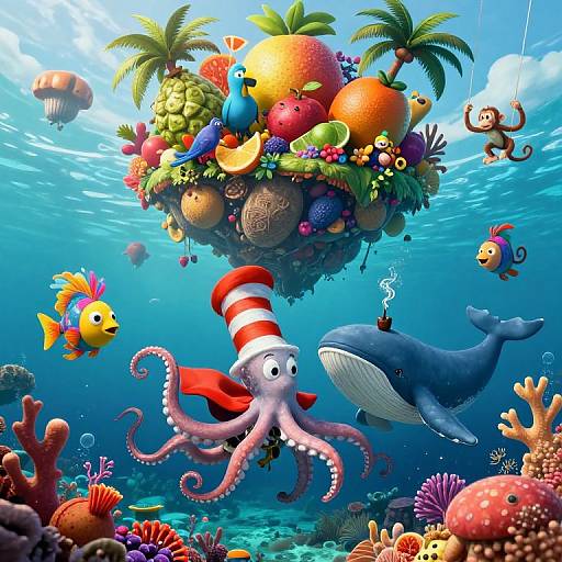 Colorful underwater scene: whimsical island with tropical plants, fruits, and animals; octopus in red-striped hat, whale, fish, monkeys,
