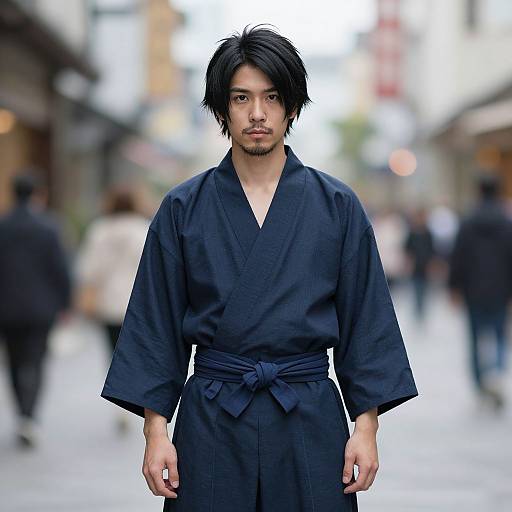 Photograph of an Asian man with black, slightly messy hair, wearing a dark blue, kimono-style robe, standing in a blurred, urban street