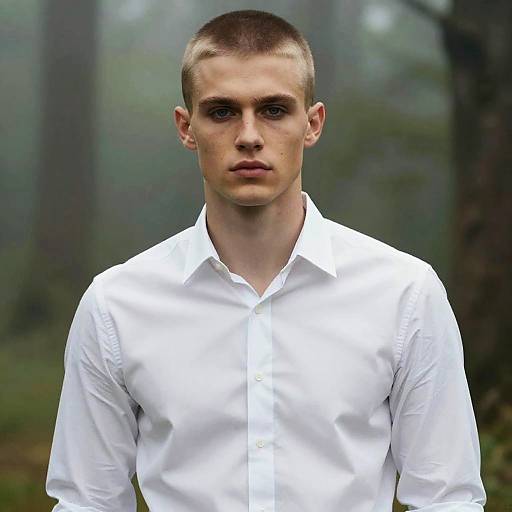 Photograph of a young, serious-looking man with short, light brown hair in a white, button-up shirt, standing in a misty forest background