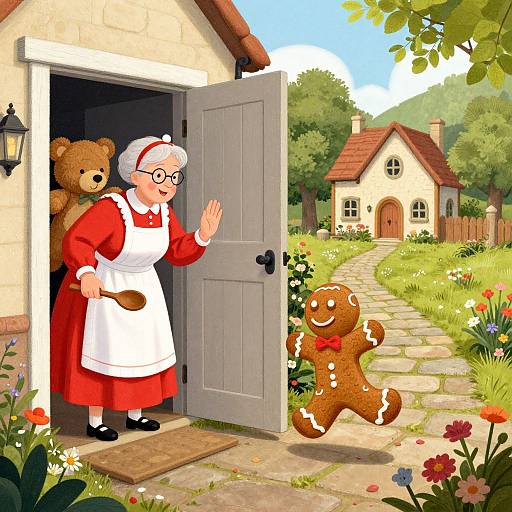 Illustration of an elderly woman in a red dress and white apron, waving at a gingerbread man and teddy bear at a charming cottage door