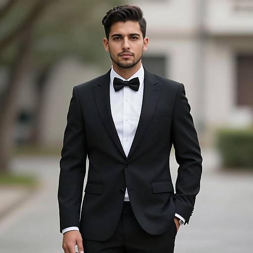 Photograph of a handsome, dark-haired man in a black tuxedo with a white shirt and black bow tie, standing confidently on a blurred urban