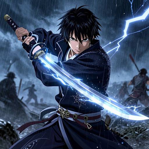 Anime Warrior with Glowing Katana in Stormy Battlefield