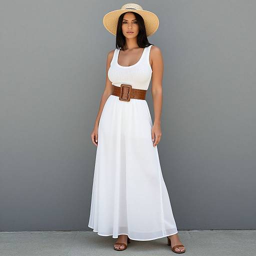 Photograph of a woman with long black hair, tan skin, wearing a white sleeveless dress, brown wide belt, straw hat, and brown sandals