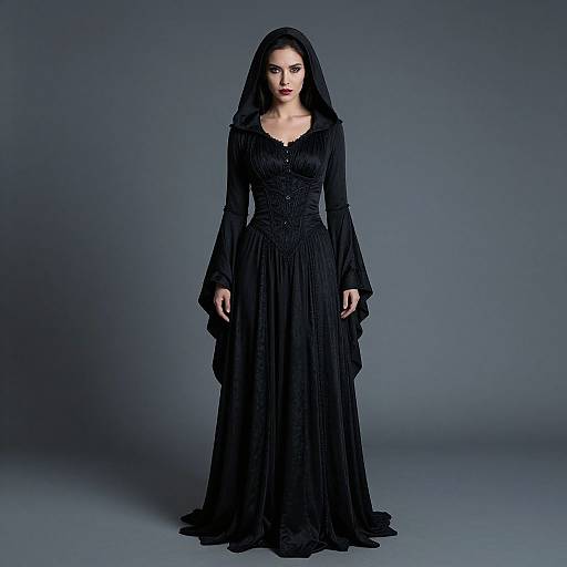 Photograph of a pale-skinned woman with dark, straight hair in a black, long-sleeved, Gothic-style gown, standing against a gradient