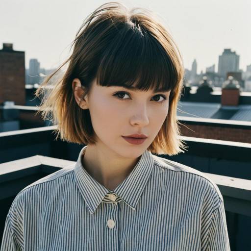 Young Woman with Short Fringe Hairstyle on Rooftop