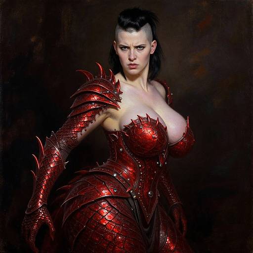 Digital artwork of a fierce, pale-skinned woman with black hair in a mohawk, wearing red, spiked, scale-like armor, highlighting her large