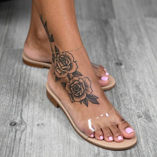 Photograph of a woman's foot with a detailed black rose tattoo, pink nail polish, gold anklet, and clear sandals on wooden floor.