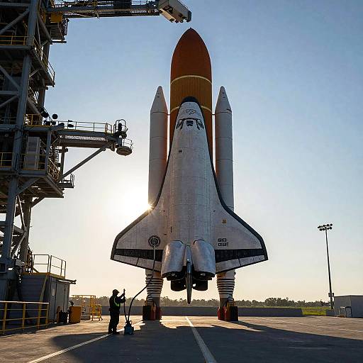 Photograph of a Space Shuttle on a launch pad, backlit by the setting sun, with two technicians in the foreground.