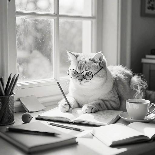 Fluffy Cat Studying by Sunny Bay Window