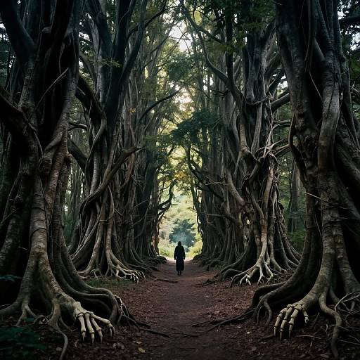 Photograph of a narrow forest path flanked by towering, gnarled trees with massive roots, leading to a distant, small, dark silhouette of