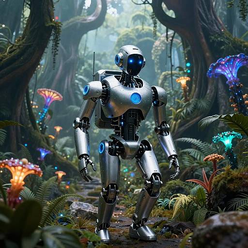 Futuristic Robot Exploring Alien Jungle