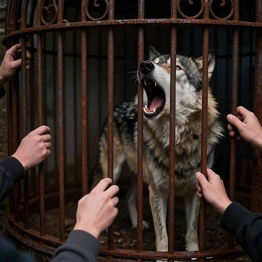 Photograph of a snarling wolf trapped in a rusty iron cage, with several hands gripping the bars from outside.