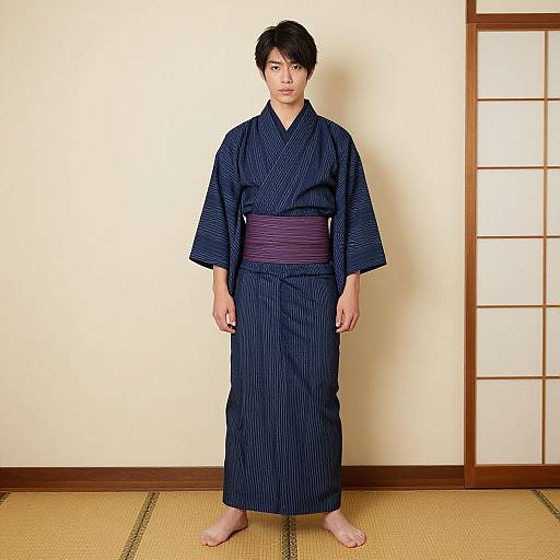 Photograph of an East Asian person with short black hair, wearing a navy blue pinstripe yukata with a purple obi, standing bare