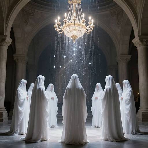 Photograph of nine ghostly figures in white, hooded robes, standing in a dimly lit, arched cathedral, illuminated by a grand,