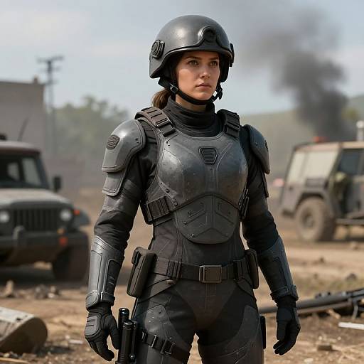Photorealistic CGI of a serious woman in black tactical armor, helmet, and gloves, holding a gun, standing in a dusty, war-torn