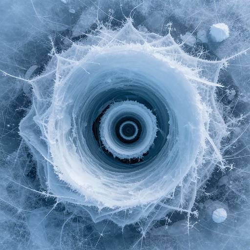 Photograph of a blue, swirling vortex with white, frosty edges and concentric rings, resembling a hypnotic, icy whirlpool.