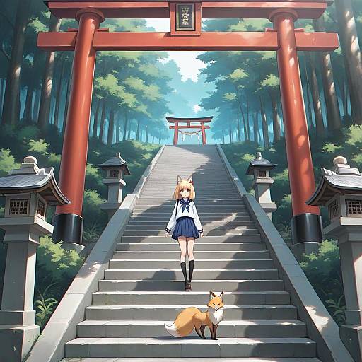 Girl with Fox at Japanese Temple