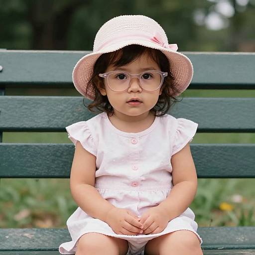 Photograph of an Asian toddler with dark hair, wearing clear glasses, a pink sun hat, and a white dress, sitting on a green park bench