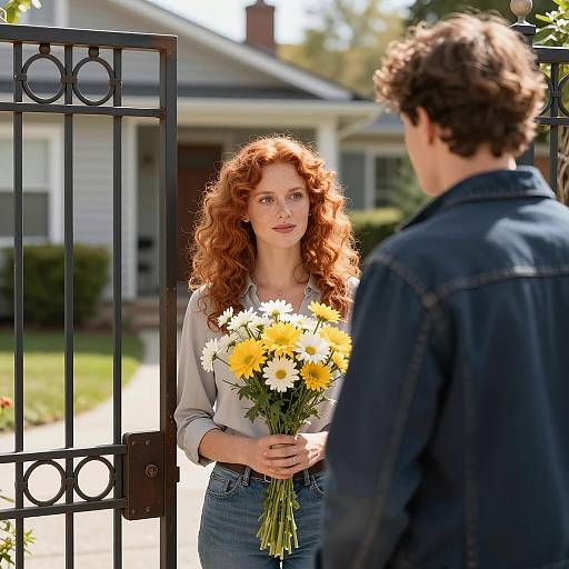 Woman Holding Yellow and White Flowers at Gate