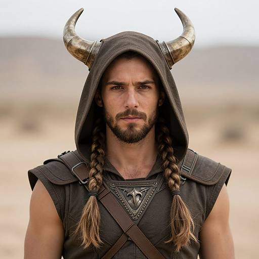 Photograph of a bearded man with long braids, wearing a black horned hooded cloak and leather armor, standing in a desert. Int