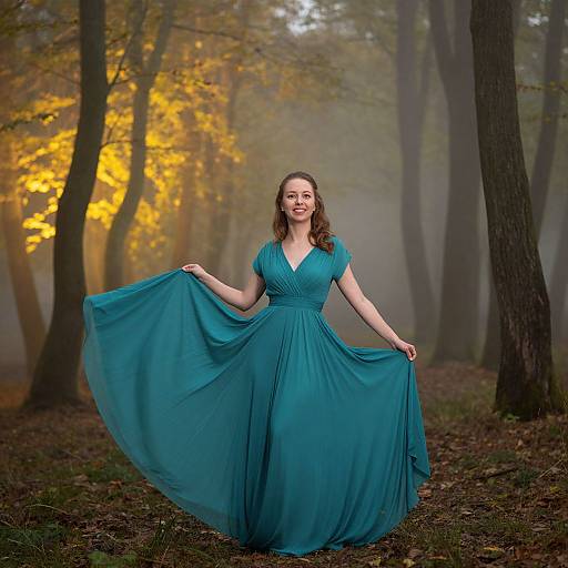 Photograph of a smiling woman with fair skin and brown hair, wearing a teal, V-neck, floor-length dress, spreading its skirt in a mist