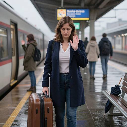 Photograph of a young woman with brown hair, wearing a black coat and white top, holding a suitcase and waving, standing on a wet, rainy
