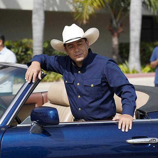 Man in Cowboy Hat Leaning on Convertible
