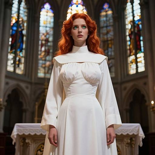 Photograph of a red-haired woman in a white, long-sleeved, high-necked dress standing in a Gothic-style church with colorful stained glass