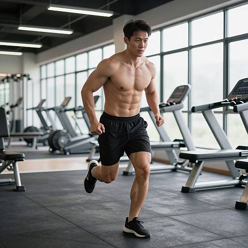 Photograph of a muscular, shirtless Asian man jogging in a modern gym, wearing black shorts and sneakers, with cardio machines in the background.