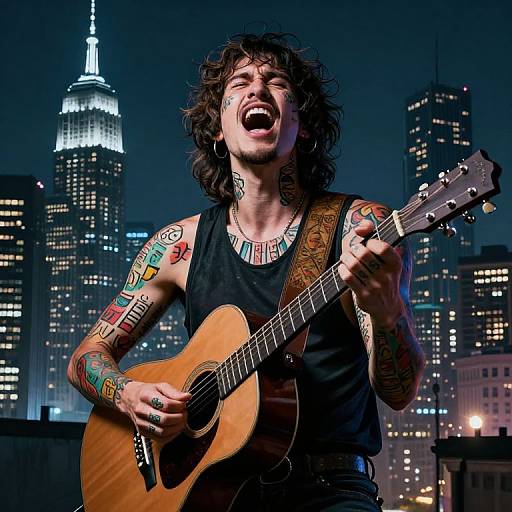 Tattooed Musician Amid Urban Nightscape