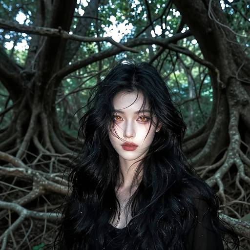 Digital artwork of a pale-skinned woman with long, wet black hair, glowing white eyes, and dark red lips, standing in a dense forest with