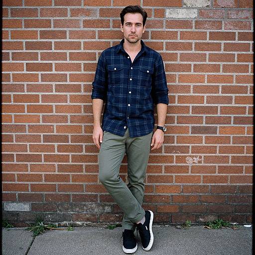 Photograph of a bearded man with short brown hair, wearing a black plaid shirt, olive pants, and black sneakers, standing against a red