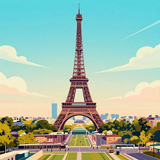 Digital illustration of the Eiffel Tower in Paris, standing tall with a bright blue sky, scattered clouds, and colorful cityscape below.